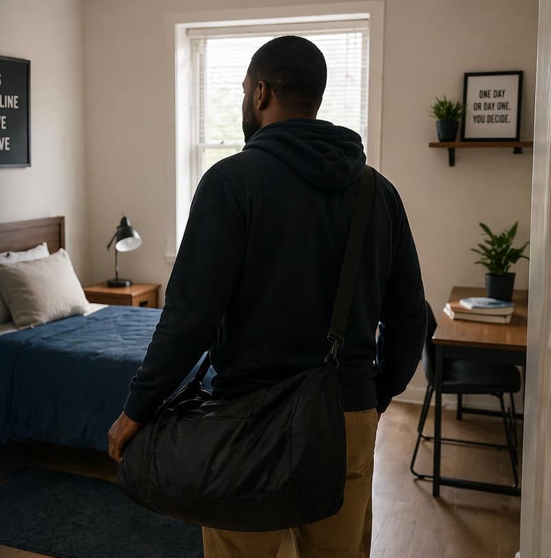 Man in a dark hoodie carrying a black duffel bag looks out a bedroom window.