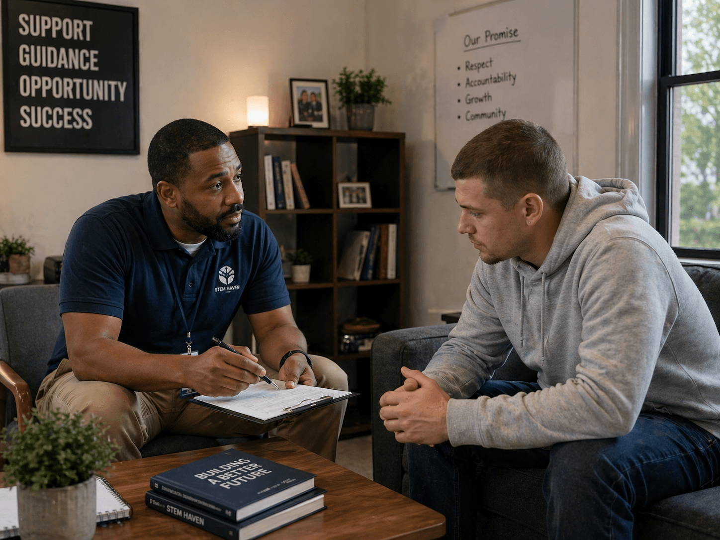 A mentor with a clipboard talks to a young man in a supportive counseling office.
