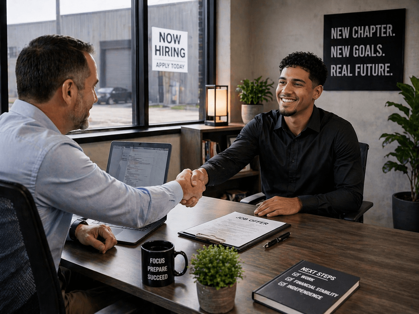 Smiling man shaking hands with an employer over a job offer document at a desk.