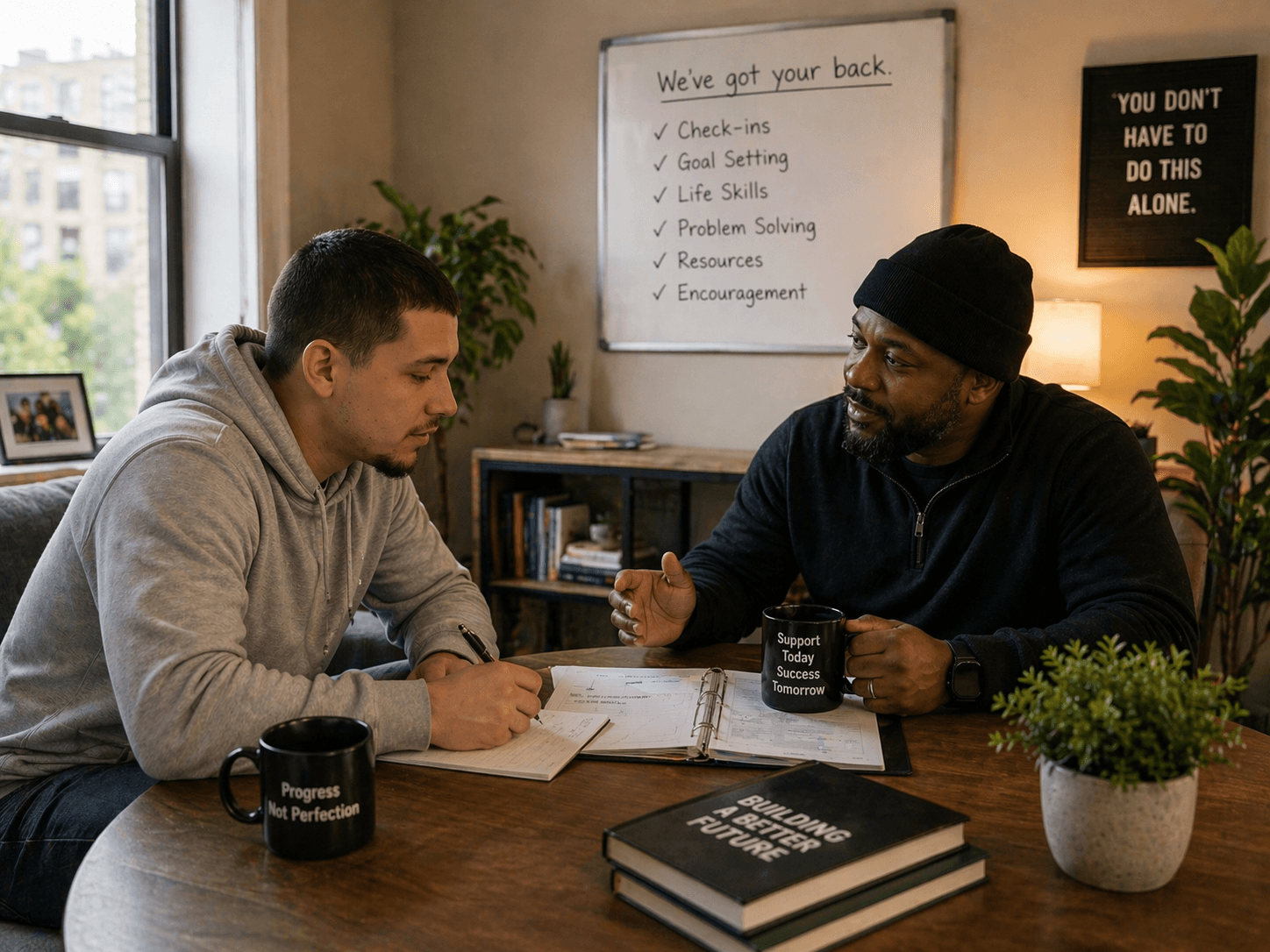 A mentor talks to a young man writing in a notebook during a supportive meeting.